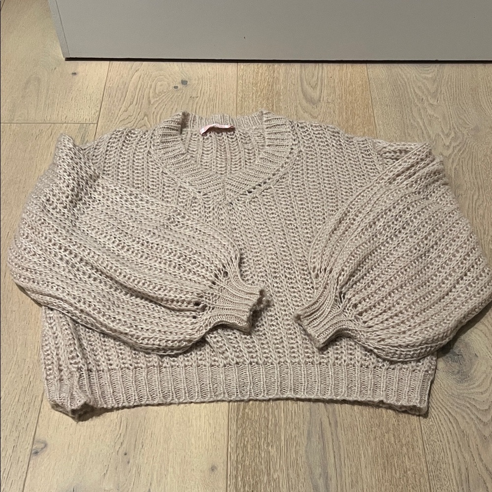Traffic People Chunky Knit Beige V-neck Sweater New